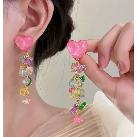 Pink Heart Chunky Stones Dangle Earrings - Picture 2 of 6